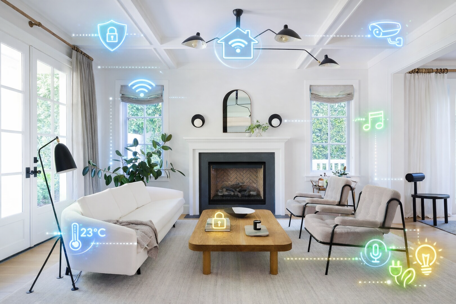 Sistema de domótica inteligente para el hogar control de iluminación clima seguridad y dispositivos Jocol Smart Salón moderno con iconos de domótica que representan control inteligente de luces temperatura seguridad y dispositivos
