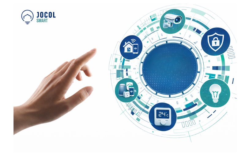 Sistema domótico integral control inteligente del hogar seguridad iluminación y clima Jocol Smart Mano interactuando con sistema de domótica con iconos de seguridad iluminación climatización y dispositivos conectados